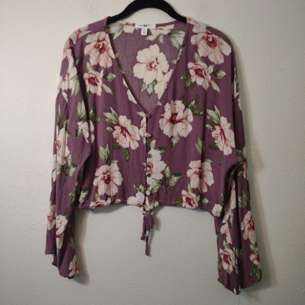 BP Purple Floral Tie Hem Crop Blouse